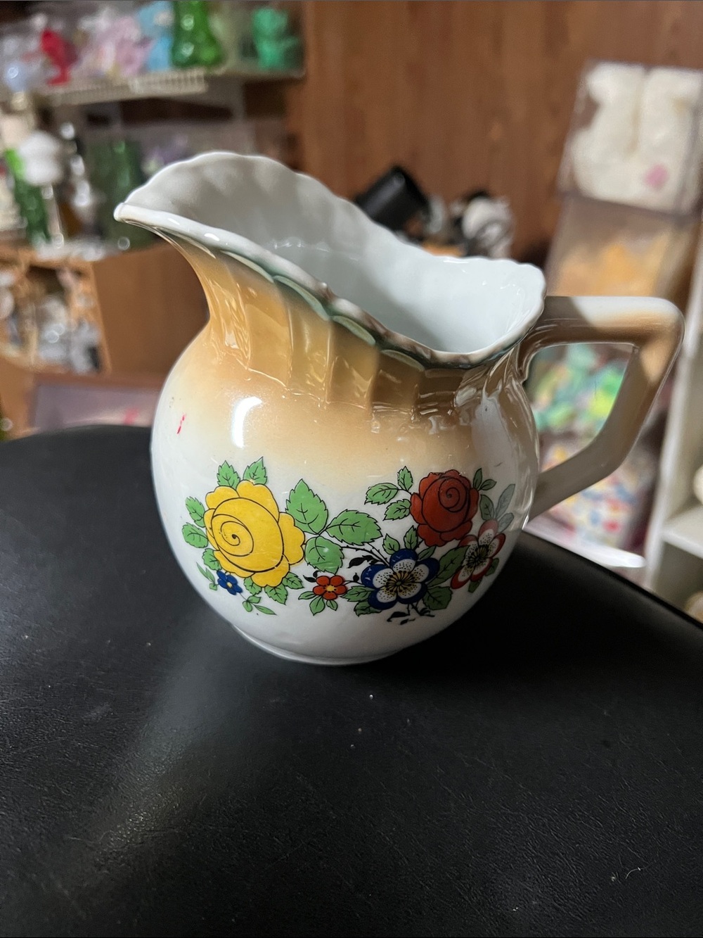 Vintage Porcelain Floral Pitcher in Yellow and Red